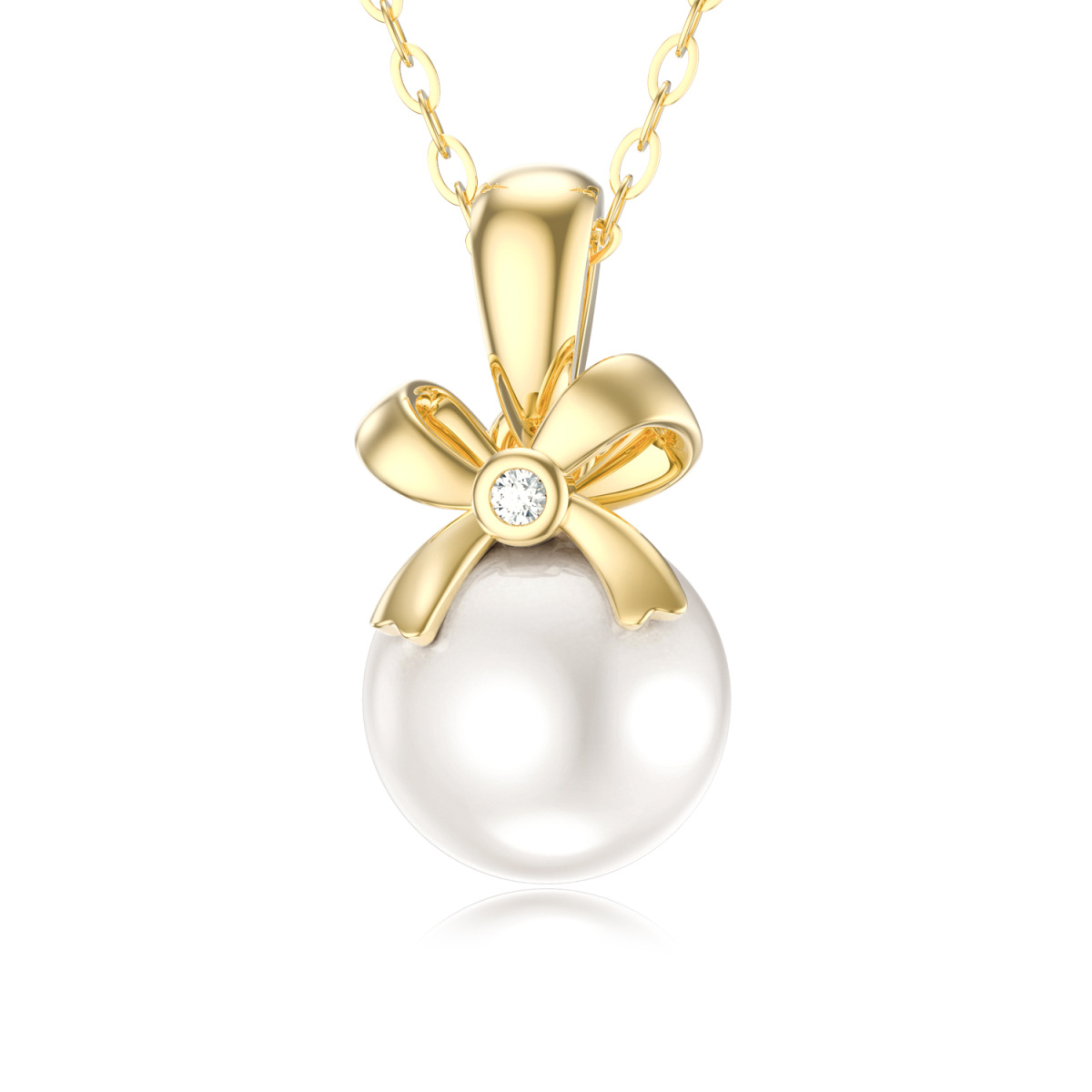 14K Gold Circular Shaped Pearl Bowknot Pendant Necklace-1
