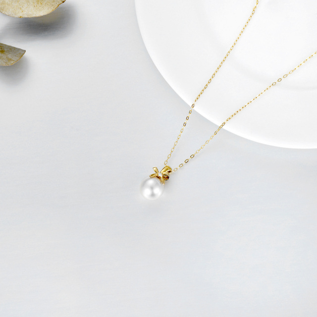 14K Gold Circular Shaped Pearl Bowknot Pendant Necklace-3