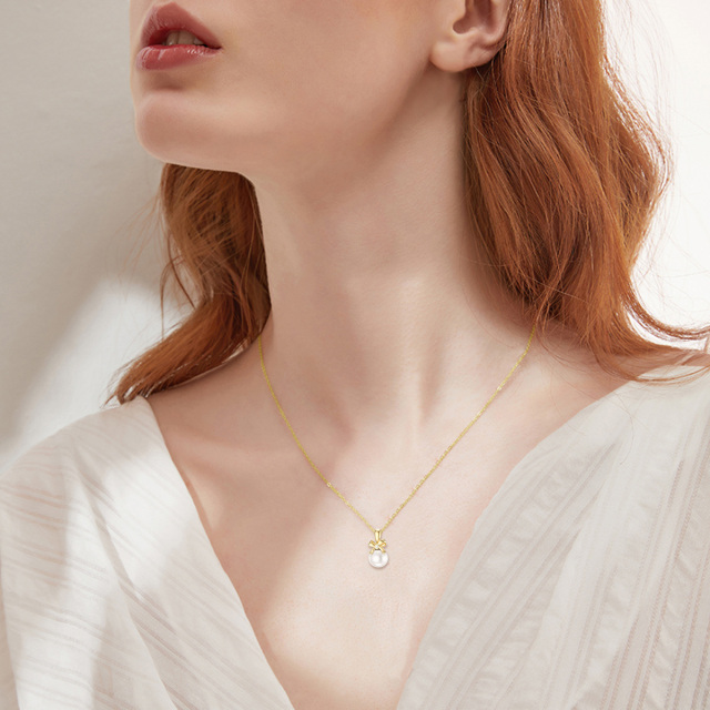 14K Gold Circular Shaped Pearl Bowknot Pendant Necklace-2