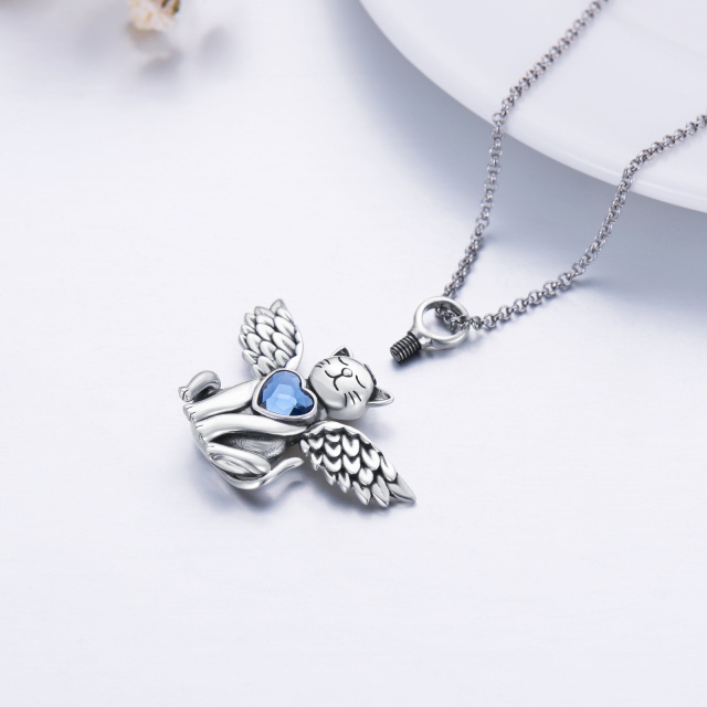 Sterling Silver Heart Shaped Crystal Cat & Angel Wing & Heart Urn Necklace for Ashes-4