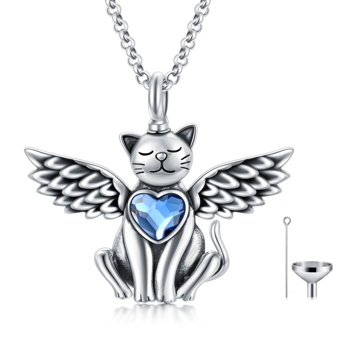 Sterling Silver Heart Shaped Crystal Cat & Angel Wing & Heart Urn Necklace for Ashes-1