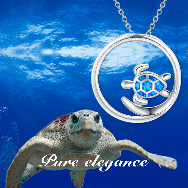 Sterling Silver Opal Sea Turtle Circle Pendant Necklace-4