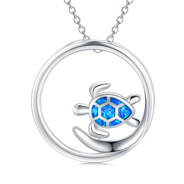 Sterling Silver Opal Sea Turtle Circle Pendant Necklace-0