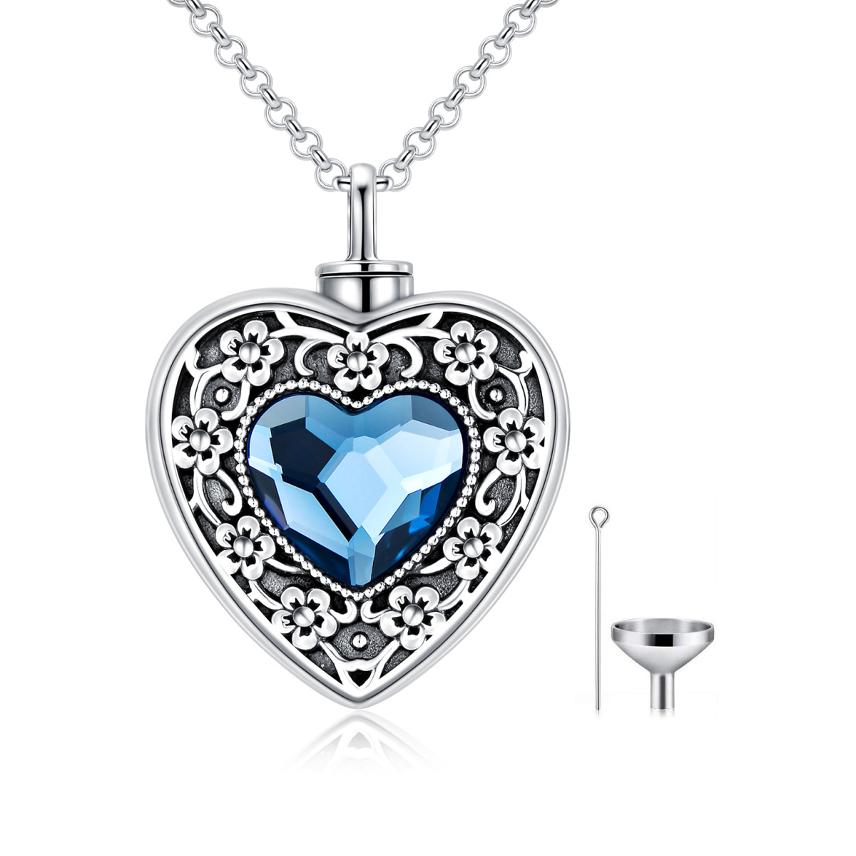 Sterling Silver Heart Shaped Crystal Heart Urn Necklace for Ashes with Engraved Word-1