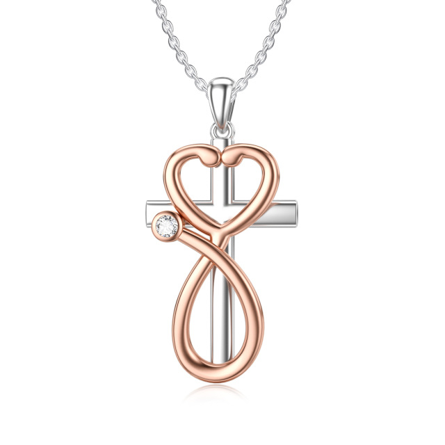 Sterling Silver Two-tone Circular Shaped Cubic Zirconia Cross & Stethoscope Pendant Necklace-1