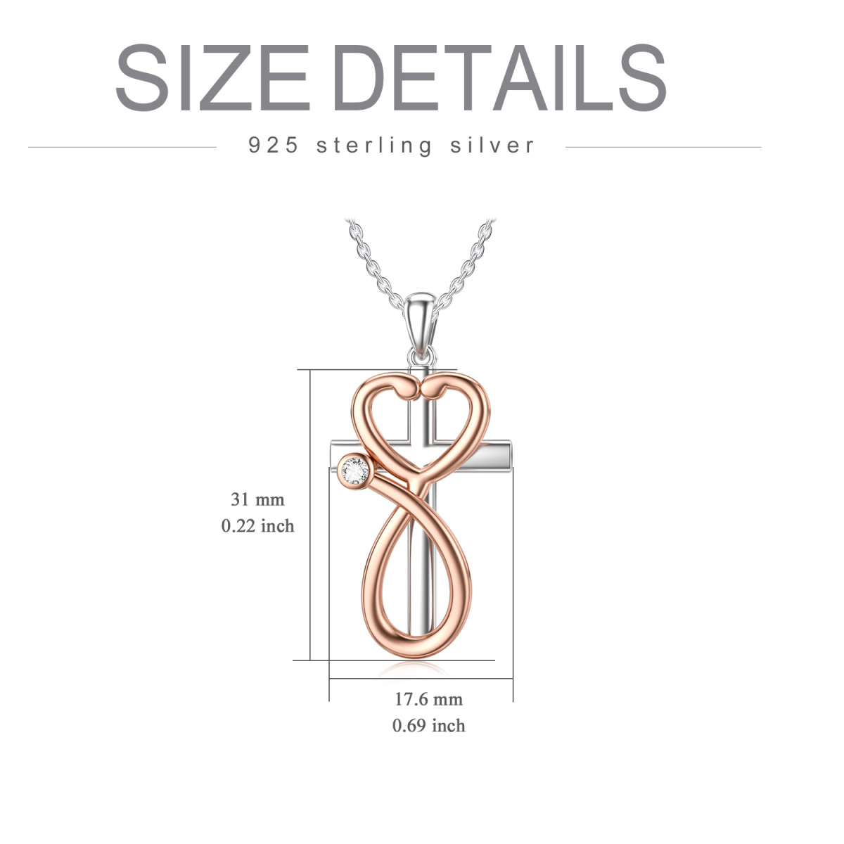 Sterling Silver Two-tone Circular Shaped Cubic Zirconia Cross & Stethoscope Pendant Necklace-6