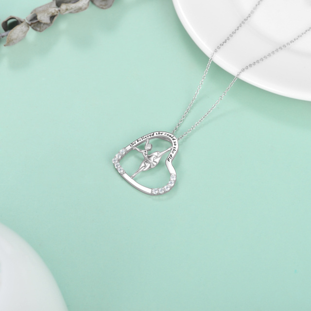 Sterling Silver Circular Shaped Cubic Zirconia Ballet Dancer & Heart Pendant Necklace with Engraved Word-3