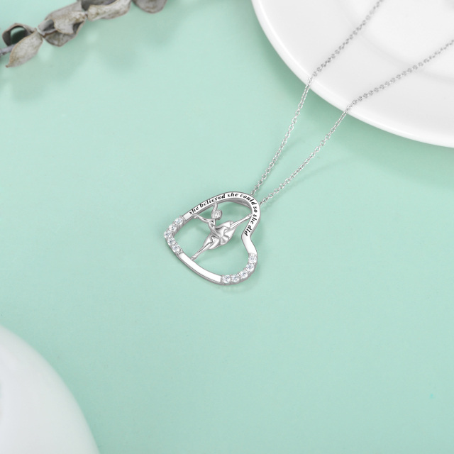 Sterling Silver Circular Shaped Cubic Zirconia Ballet Dancer & Heart Pendant Necklace with Engraved Word-4