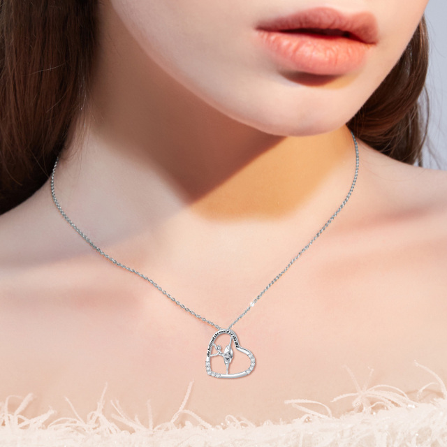 Sterling Silver Circular Shaped Cubic Zirconia Ballet Dancer & Heart Pendant Necklace with Engraved Word-2