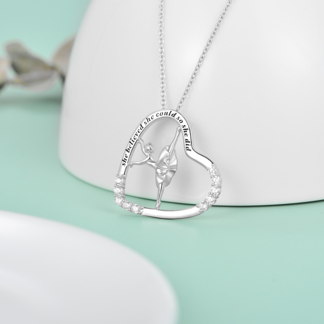 Sterling Silver Circular Shaped Cubic Zirconia Ballet Dancer & Heart Pendant Necklace with Engraved Word-2