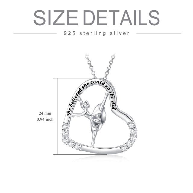 Sterling Silver Circular Shaped Cubic Zirconia Ballet Dancer & Heart Pendant Necklace with Engraved Word-5