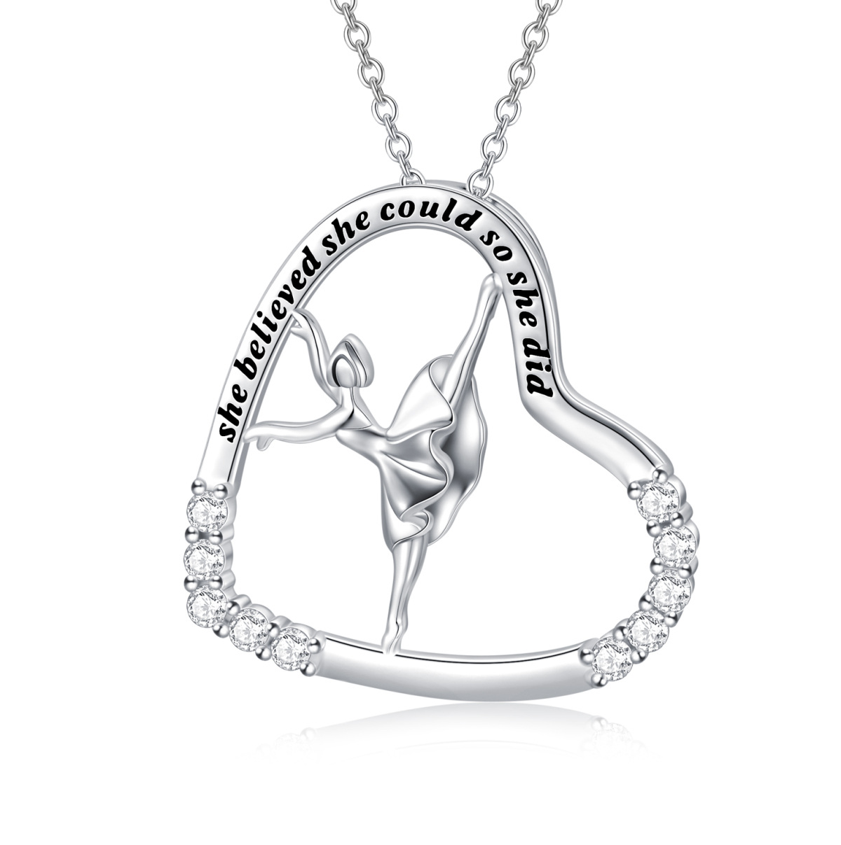 Collar con colgante de corazón de bailarina de ballet con circonita cúbica en forma circular de plata de ley con palabra grabada-1