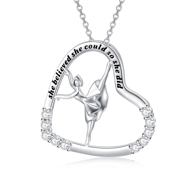 Sterling Silver Circular Shaped Cubic Zirconia Ballet Dancer & Heart Pendant Necklace with Engraved Word-0