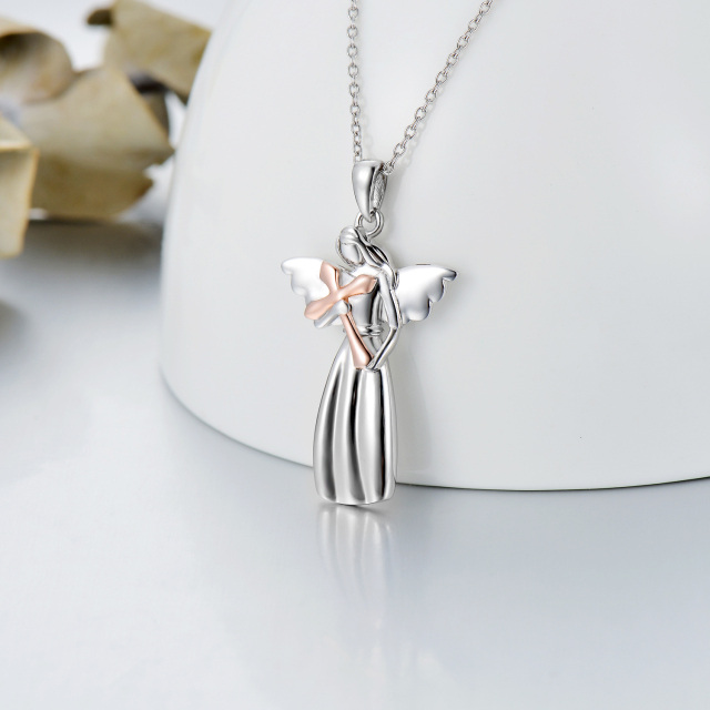 Sterling Silver Two-tone Angel & Cross Pendant Necklace-4