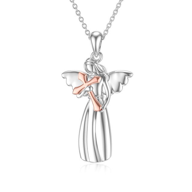 Sterling Silver Two-tone Angel & Cross Pendant Necklace-1