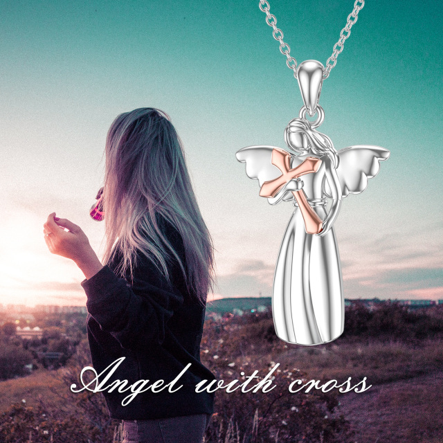 Sterling Silver Two-tone Angel & Cross Pendant Necklace-2