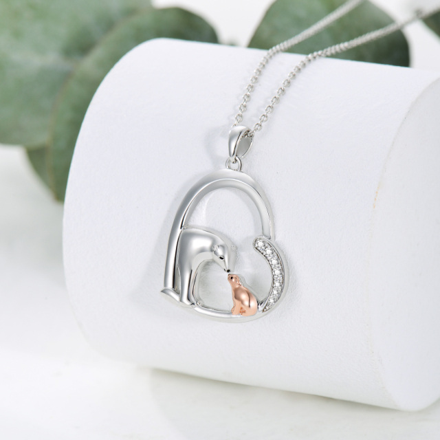 Sterling Silver Two-tone Circular Shaped Cubic Zirconia Bear & Heart Pendant Necklace-2