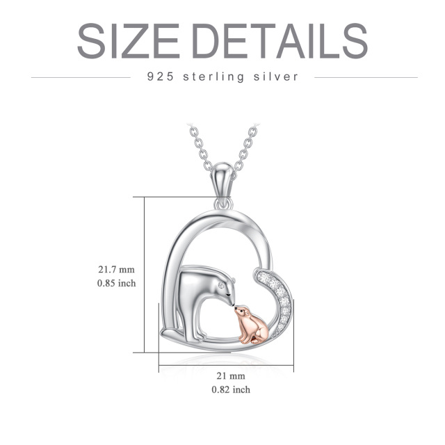 Sterling Silver Two-tone Circular Shaped Cubic Zirconia Bear & Heart Pendant Necklace-4