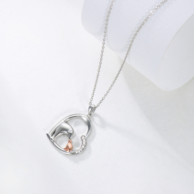 Sterling Silver Two-tone Circular Shaped Cubic Zirconia Bear & Heart Pendant Necklace-4