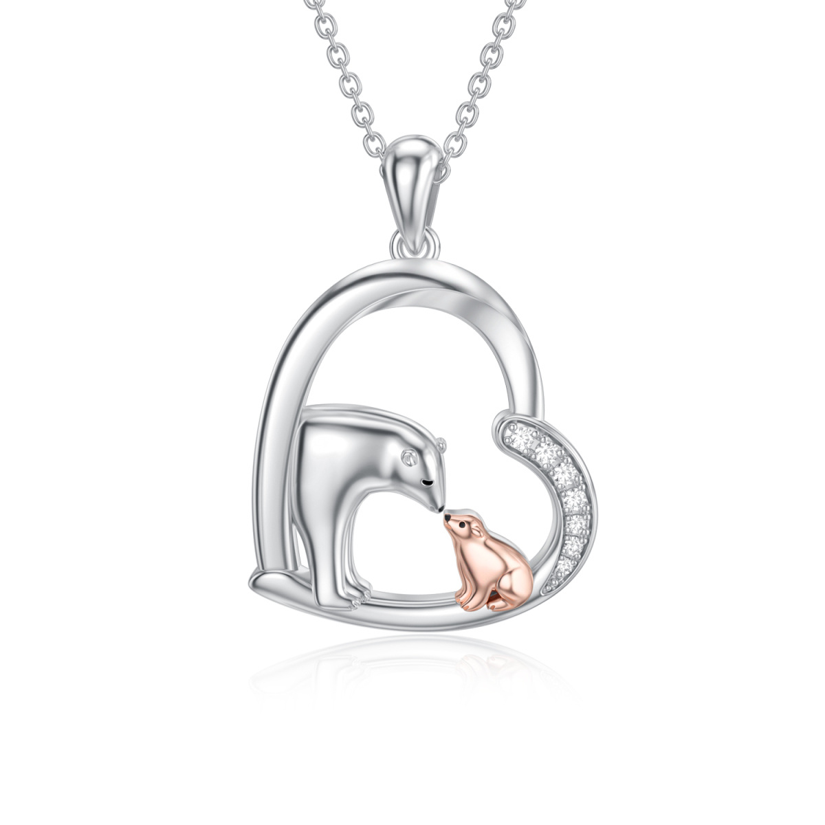 Sterling Silver Two-tone Circular Shaped Cubic Zirconia Bear & Heart Pendant Necklace-1