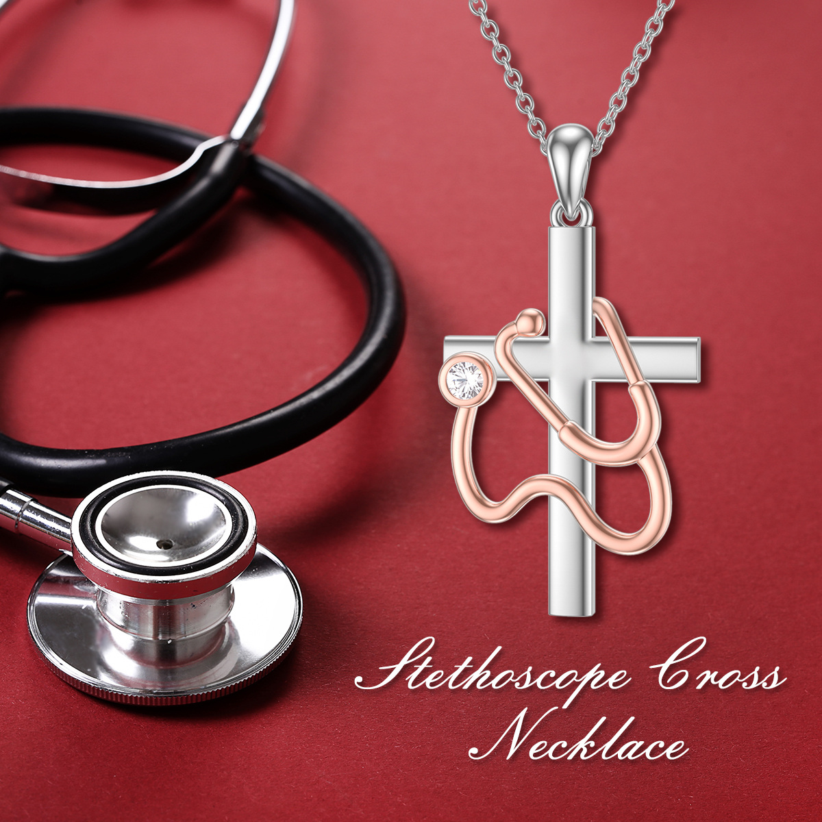 Sterling Silver Cubic Zirconia Cross & Stethoscope Pendant Necklace-6