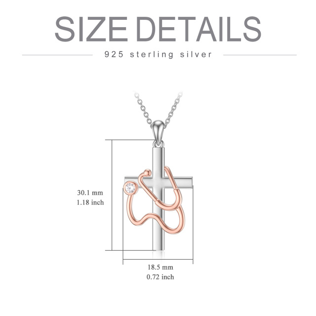 Sterling Silver Cubic Zirconia Cross & Stethoscope Pendant Necklace-4