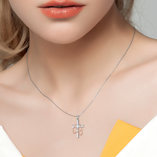 Sterling Silver Two-tone Cubic Zirconia Cross & Stethoscope Pendant Necklace-2