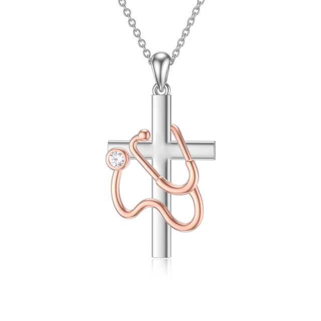 Sterling Silver Two-tone Cubic Zirconia Cross & Stethoscope Pendant Necklace-1