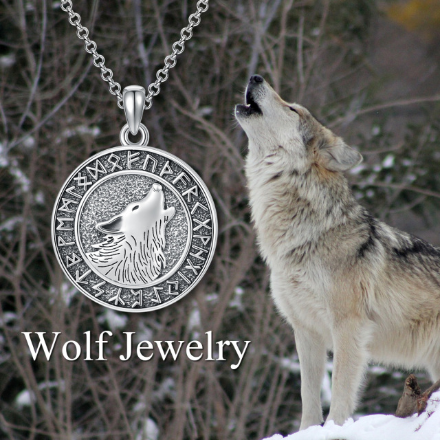 Sterling Silver Wolf & Viking Rune Coin Pendant Necklace-6