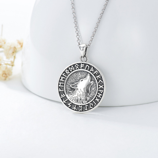 Sterling Silver Wolf & Viking Rune Coin Pendant Necklace-3