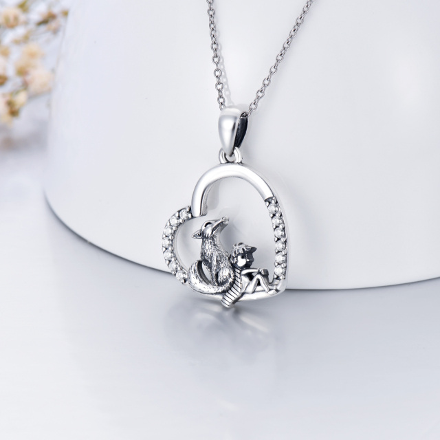 Sterling Silver Cubic Zirconia Little Prince & Fox Heart Pendant Necklace-2