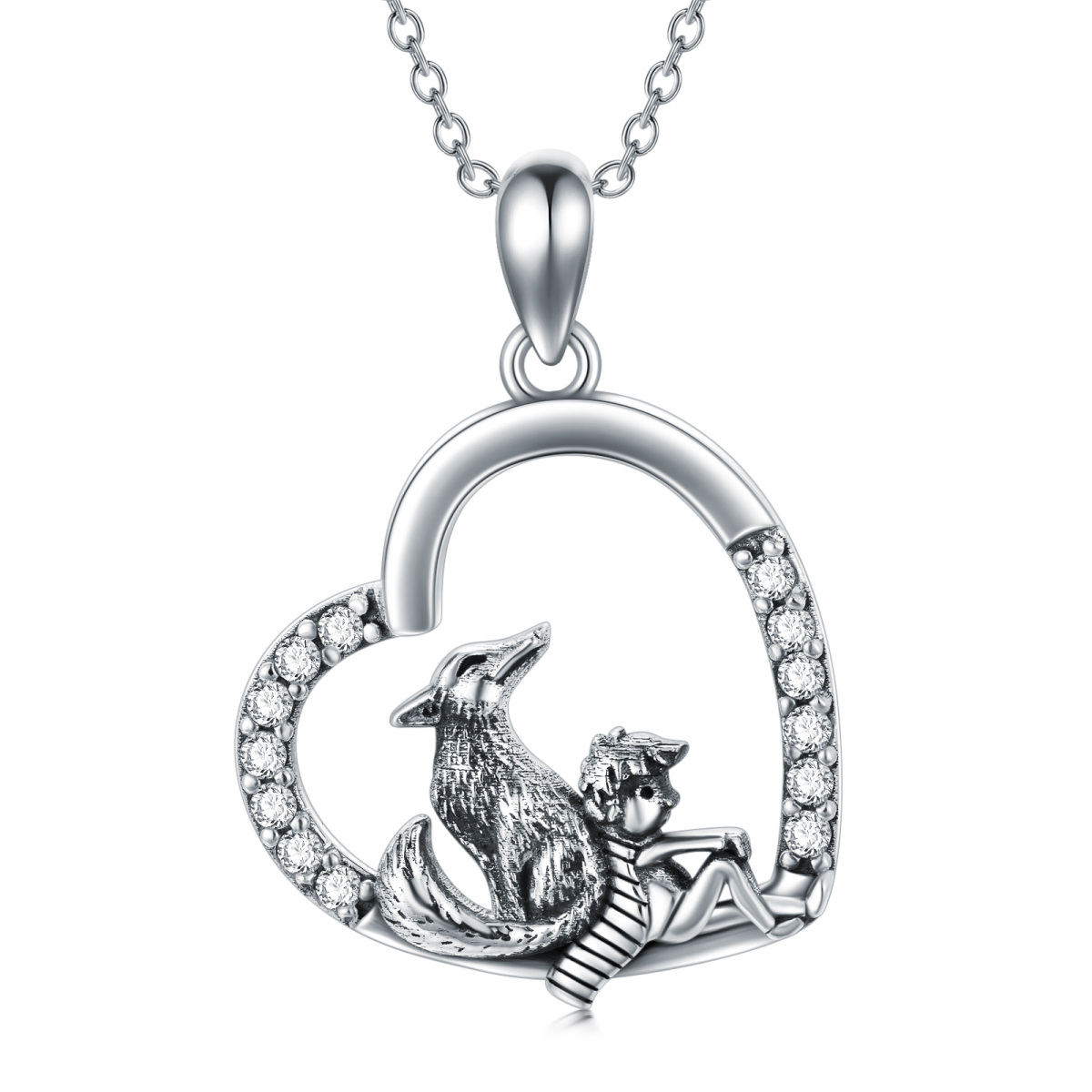 Sterling Silver Cubic Zirconia Little Prince & Fox Heart Pendant Necklace-1