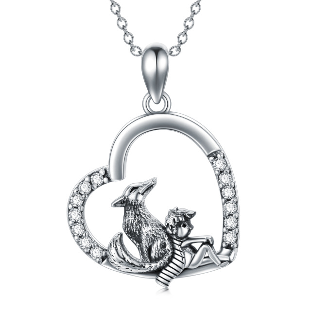 Sterling Silver Cubic Zirconia Little Prince & Fox Heart Pendant Necklace-0