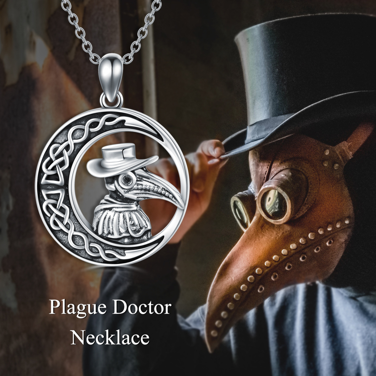 Collar de plata de ley con cuervo y nudo celta y luna y colgante de médico de la peste-6