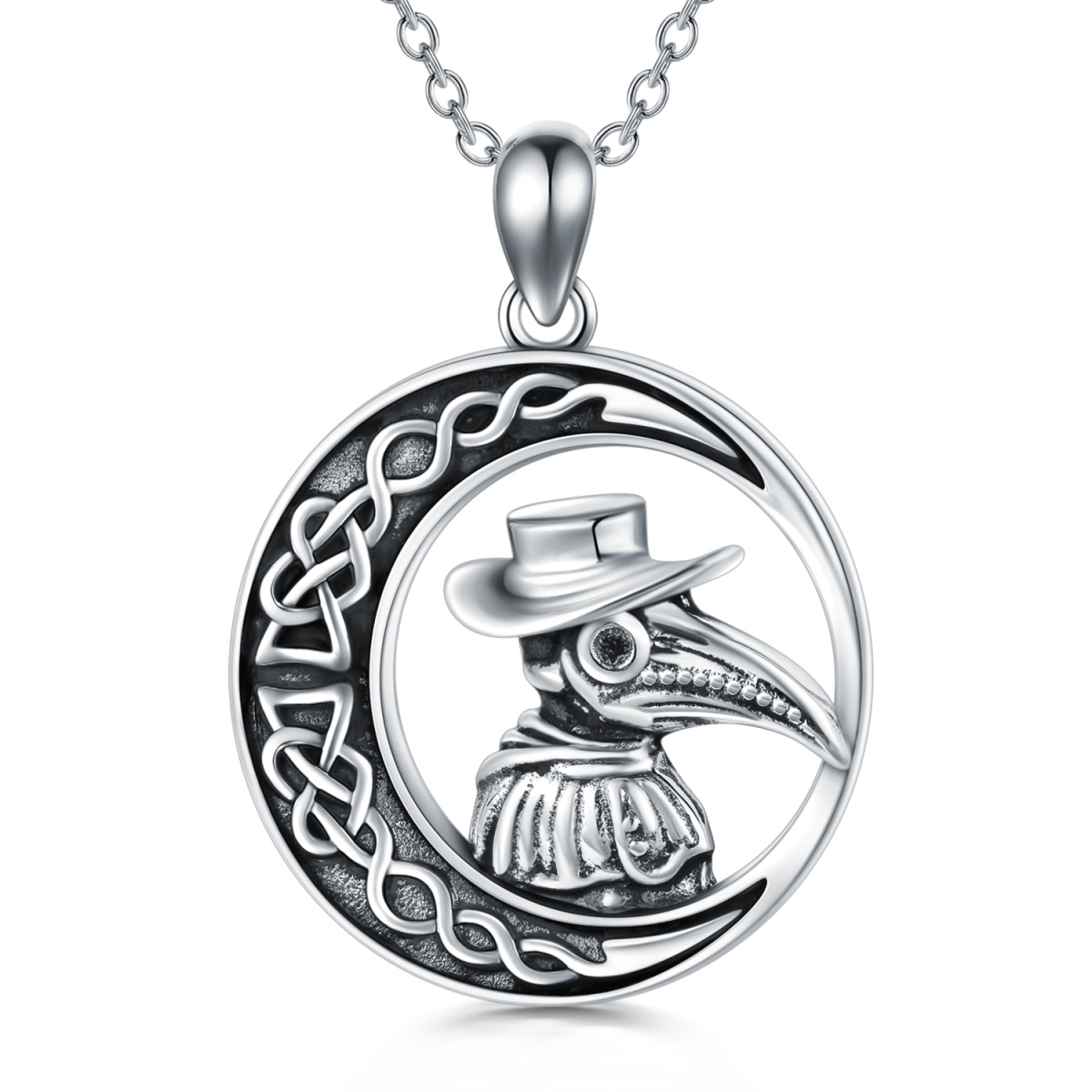 Sterling Silver Raven & Celtic Knot & Moon & Plague Doctor Pendant Necklace-1