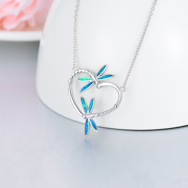 Sterling Silver Opal Dragonfly & Heart Pendant Necklace-5
