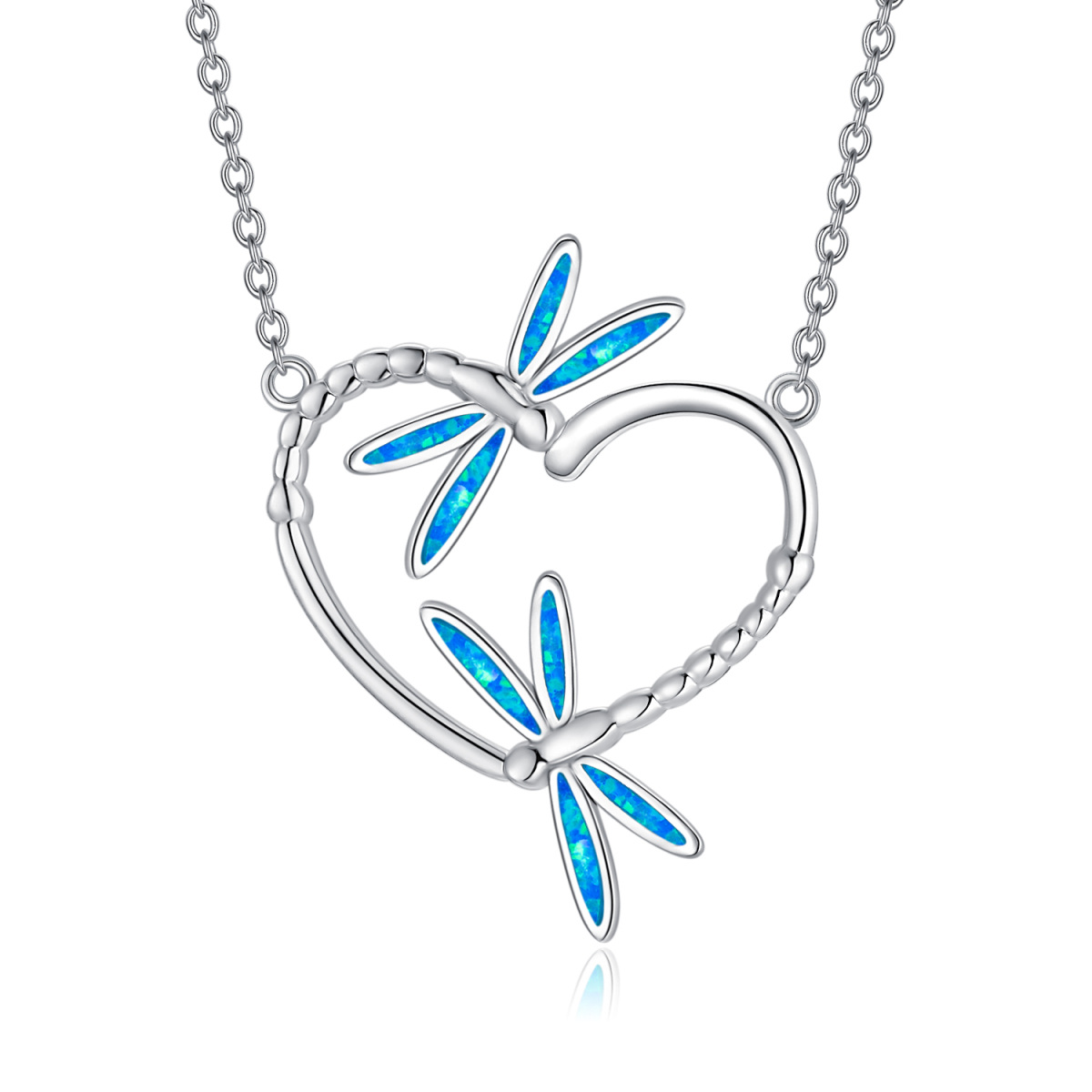Sterling Silver Opal Dragonfly & Heart Pendant Necklace-1