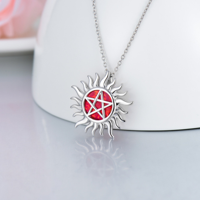 Sterling Silver Opal Pentagram & Sun Pendant Necklace-5