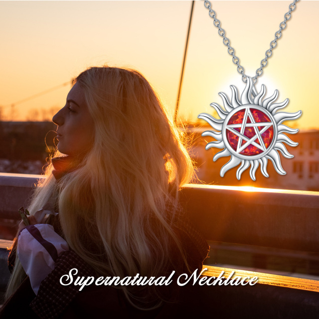 Sterling Silver Opal Pentagram & Sun Pendant Necklace-2
