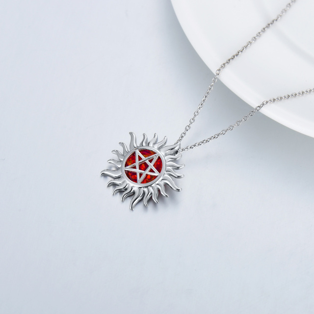 Sterling Silver Opal Pentagram & Sun Pendant Necklace-6