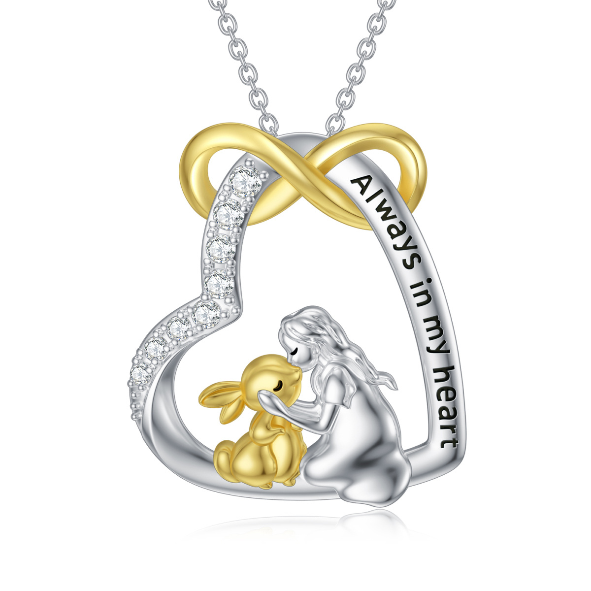 Sterling Silver Two-tone Cubic Zirconia Rabbit & Heart Pendant Necklace with Engraved Word-1