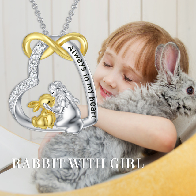 Sterling Silver Two-tone Cubic Zirconia Rabbit & Heart Pendant Necklace with Engraved Word-2