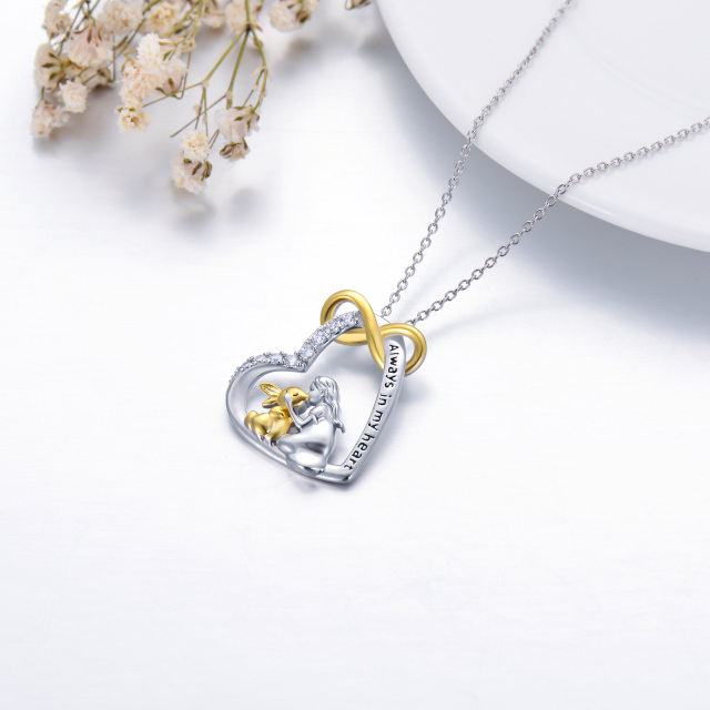 Sterling Silver Two-tone Cubic Zirconia Rabbit & Heart Pendant Necklace with Engraved Word-4