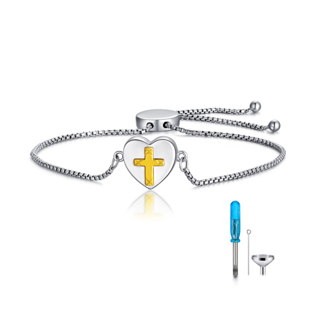 Sterling Silver Two-tone Cross & Heart Urn Bracelet for Ashes-0