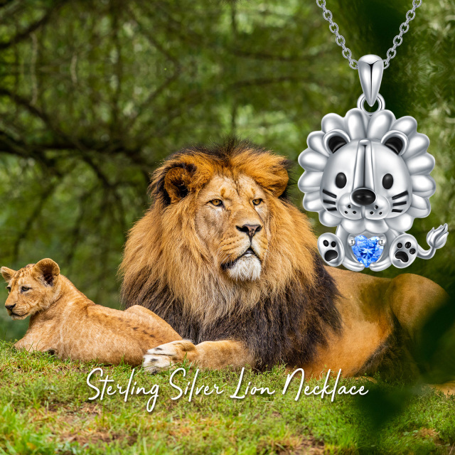 Sterling Silver Heart Shaped Cubic Zirconia Lion & Heart Pendant Necklace-5