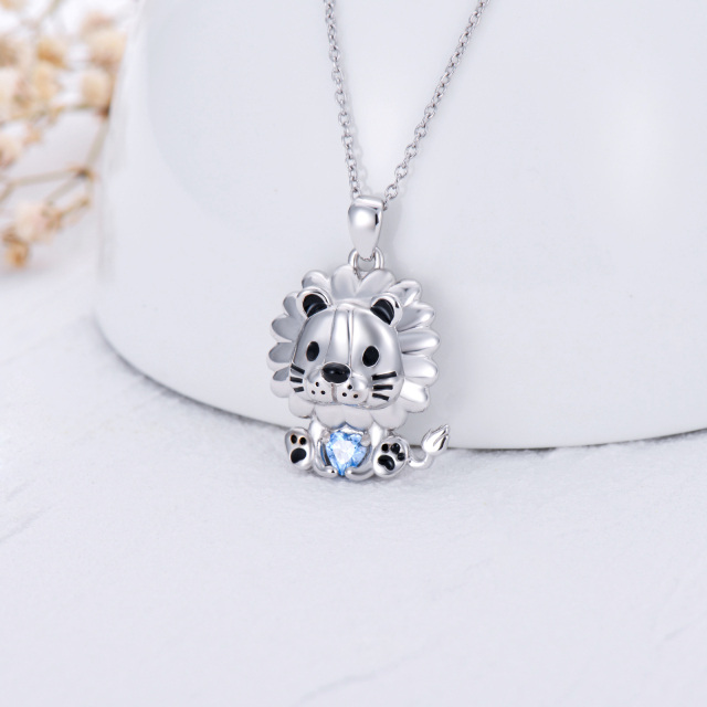 Sterling Silver Heart Shaped Cubic Zirconia Lion & Heart Pendant Necklace-3