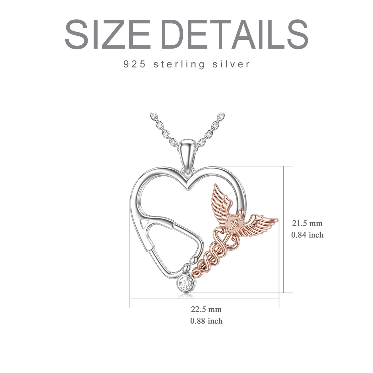 Sterling Silver Two-tone Cubic Zirconia Heart & Stethoscope Pendant Necklace-6