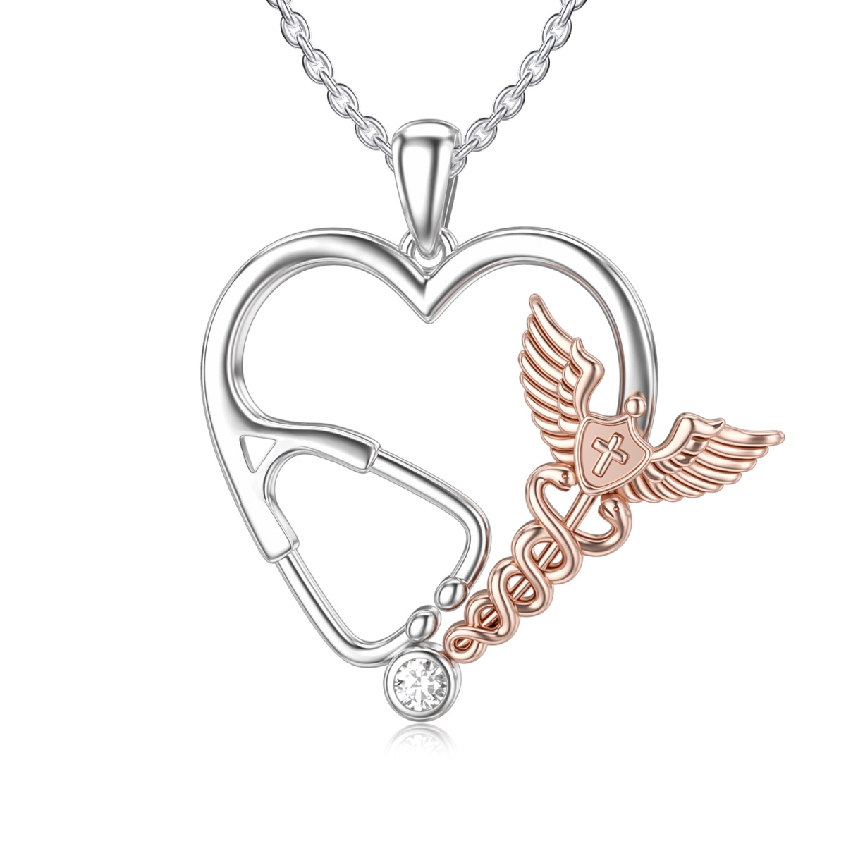 Sterling Silver Two-tone Cubic Zirconia Heart & Stethoscope Pendant Necklace-1