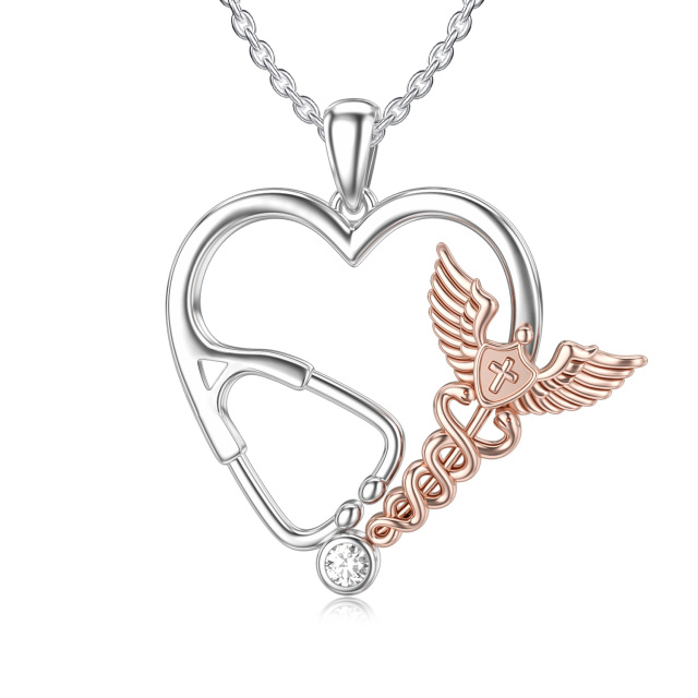 Sterling Silver Two-tone Cubic Zirconia Heart & Stethoscope Pendant Necklace-5