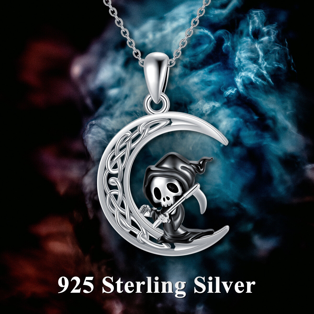 Sterling Silver Celtic Knot Moon & Ghost Pendant Necklace-6